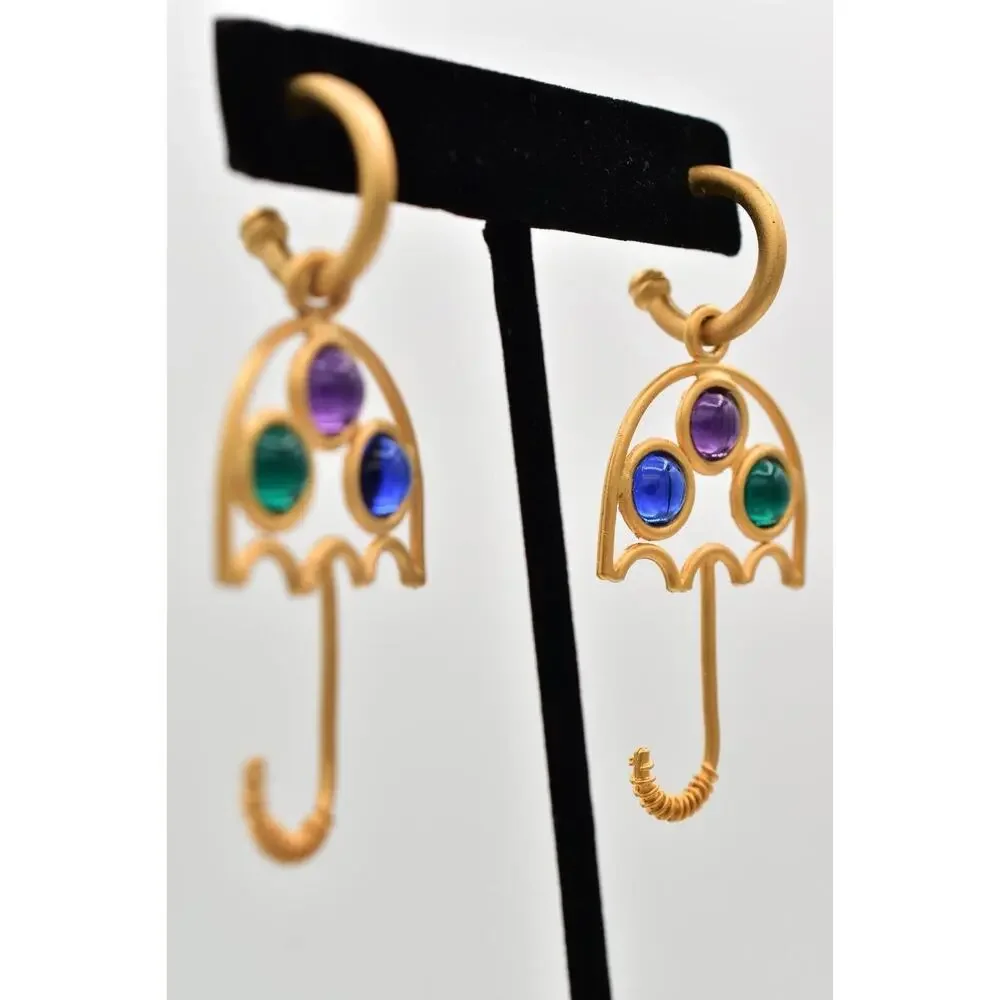 Vintage Cabochon Umbrella Dangle Earrings Brushed Gold Matte NOS 1980s BinBK